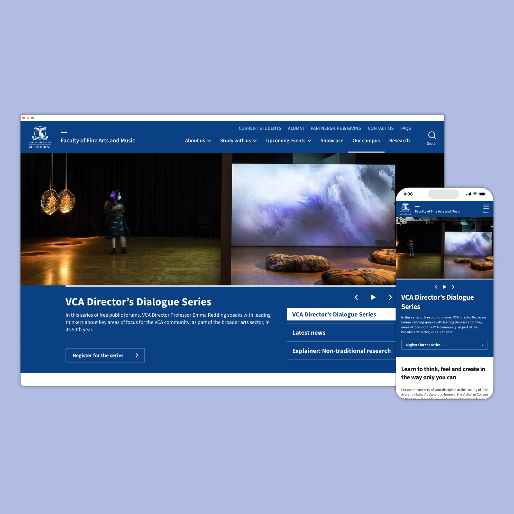 Partial shot of Faculty of Fine Arts and Music homepage