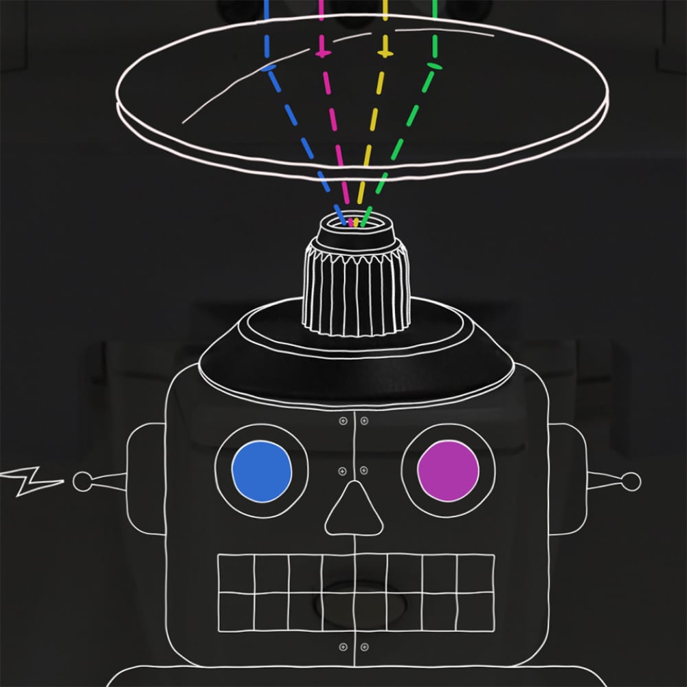 Image from Pre-test explainer video depicting a line-drawn vintage robot and lens